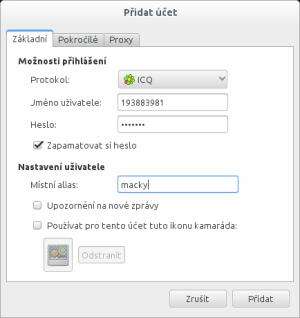 Vytvoření účtu ICQ v aplikaci Pidgin 