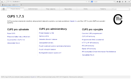  CUPS - úvodní obrazovka 