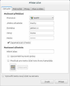  Vytvoření účtu Jabber v aplikaci Pidgin 